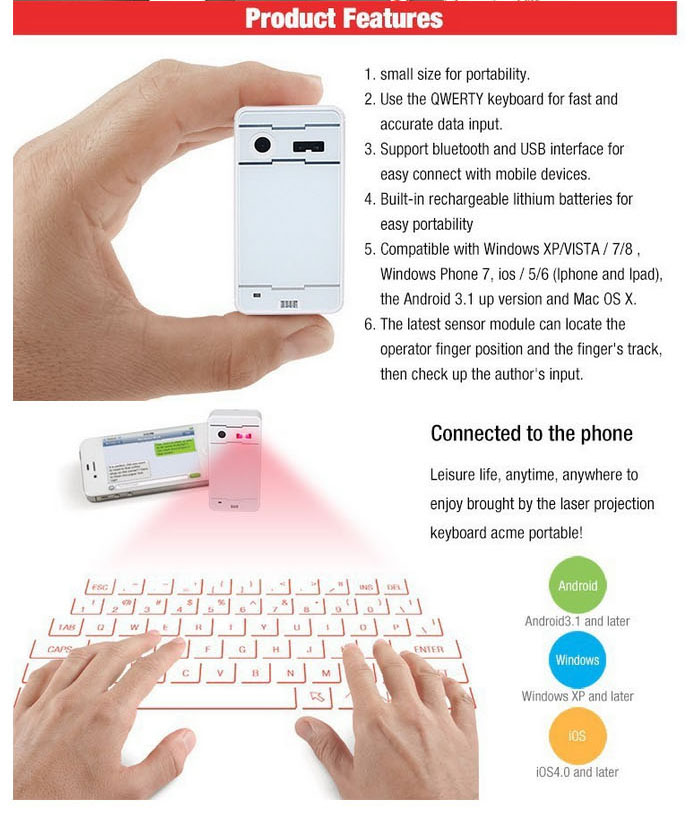 Projekční laserová klávesnice k mobilnímu telefonu a tabletu SHOWME ES03
